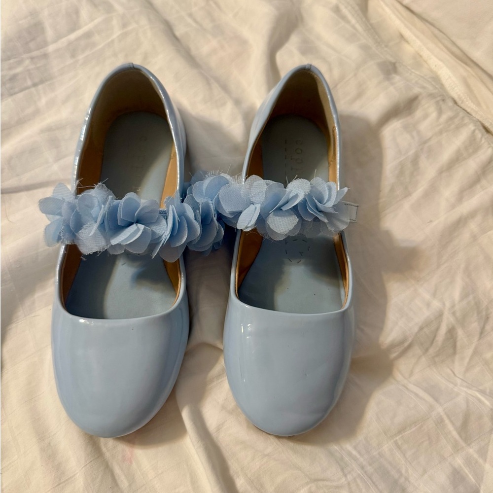 Copper Key Light Blue Patent Mary Jane Flats with Floral Strap